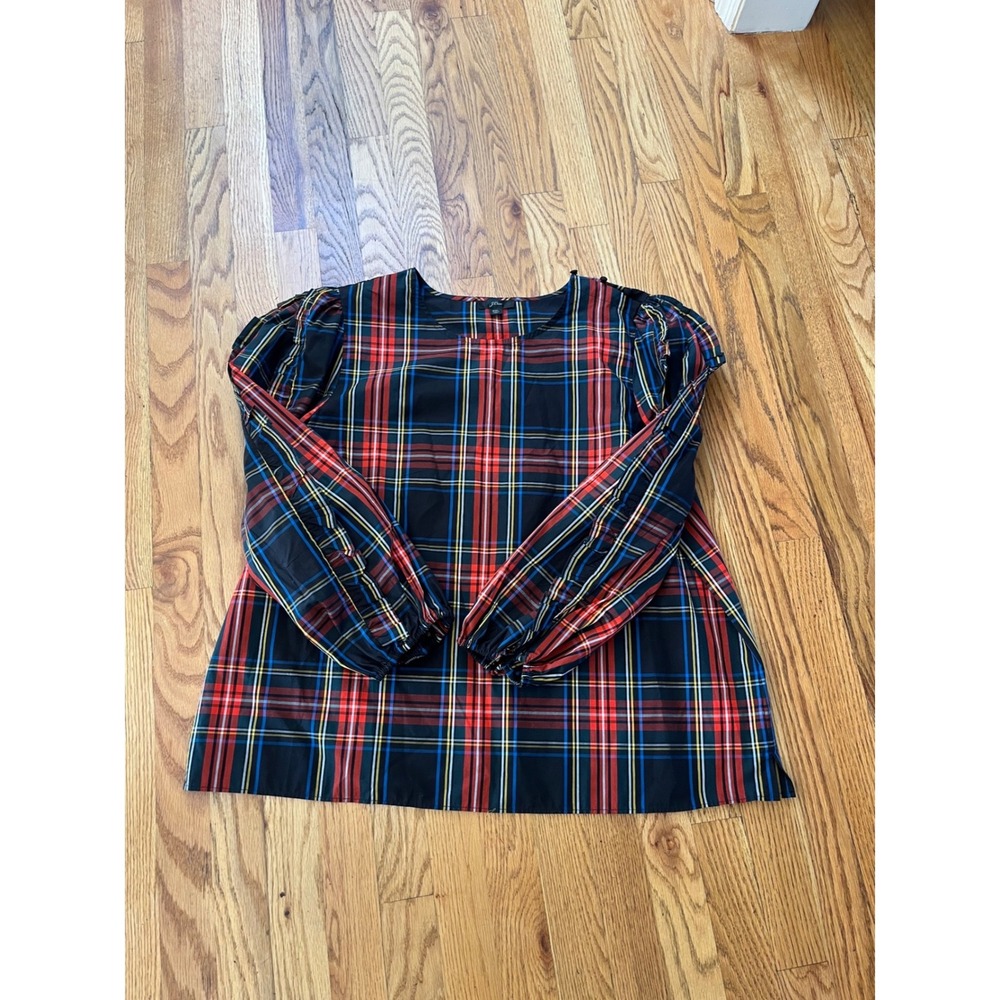J.Crew Womens XXL Plaid Puff Sleeve Blouse Cotton Stewart Tartan Red Black Top